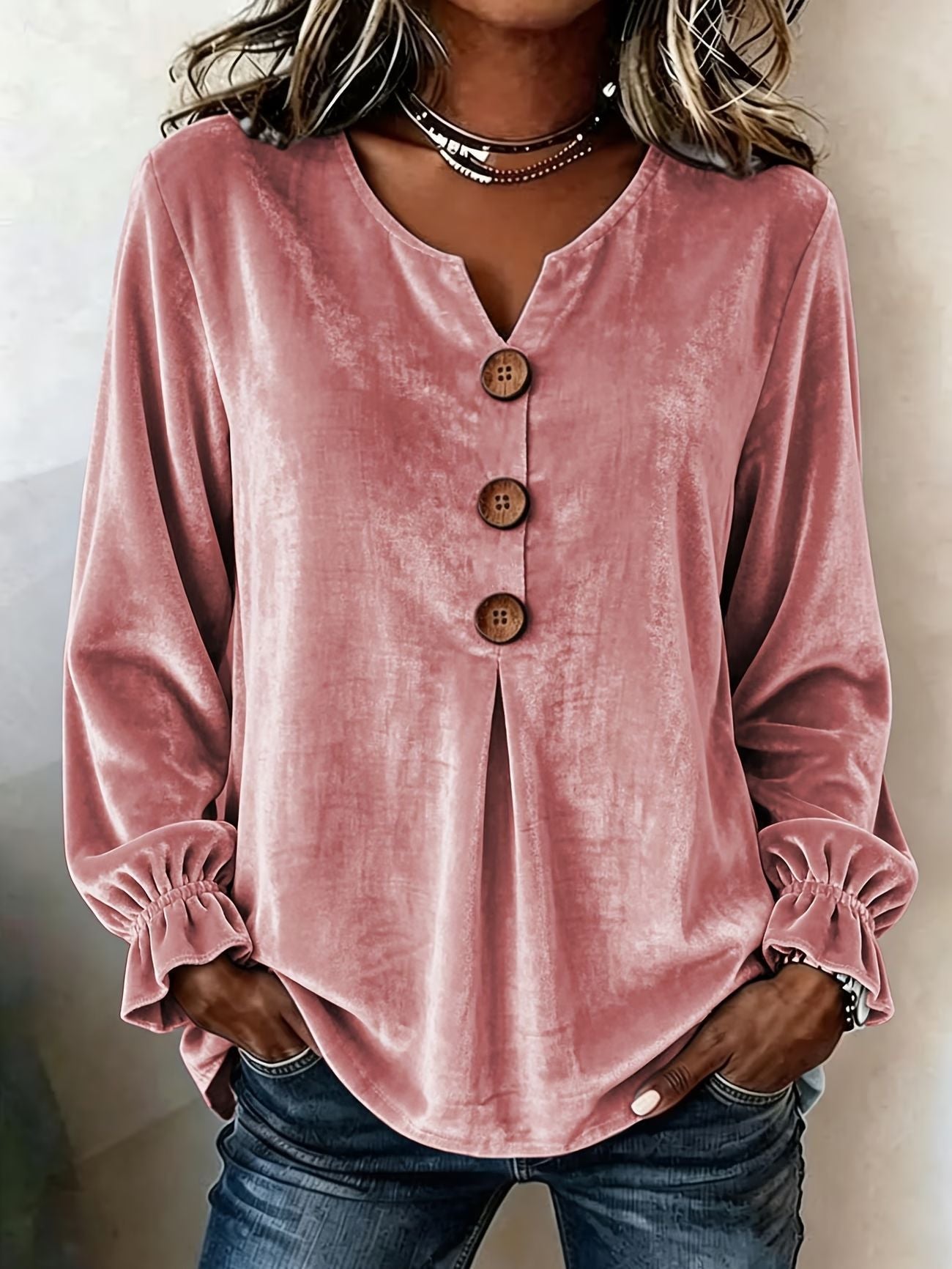 Women's Boho Velvet V-Neck Button Bell Sleeve Blouse