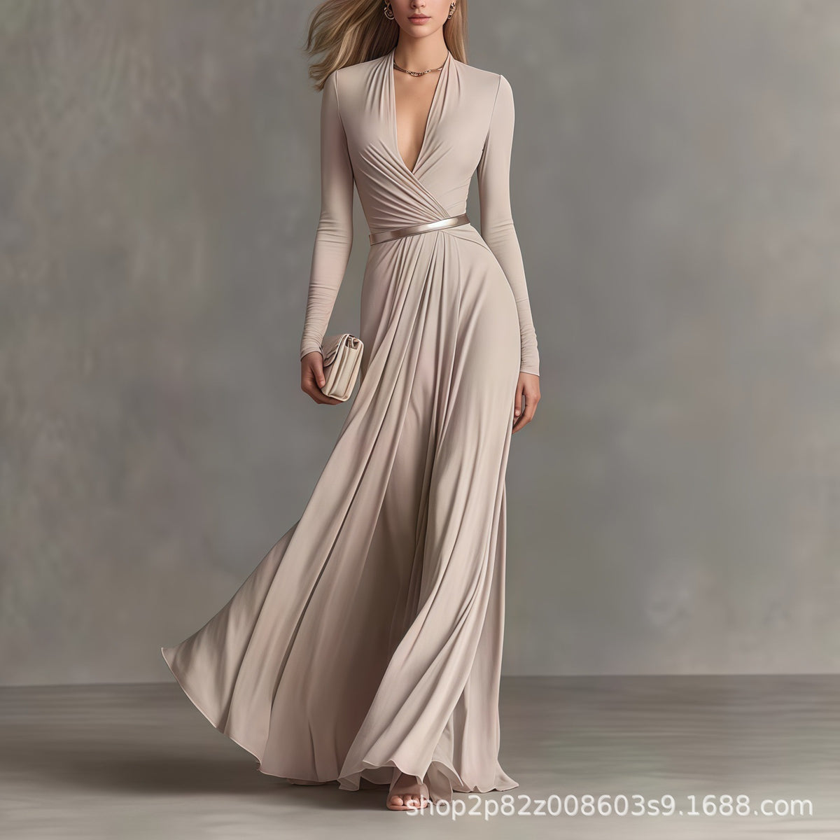 V-Neck Long Sleeve Belted A-Line Maxi Dress
