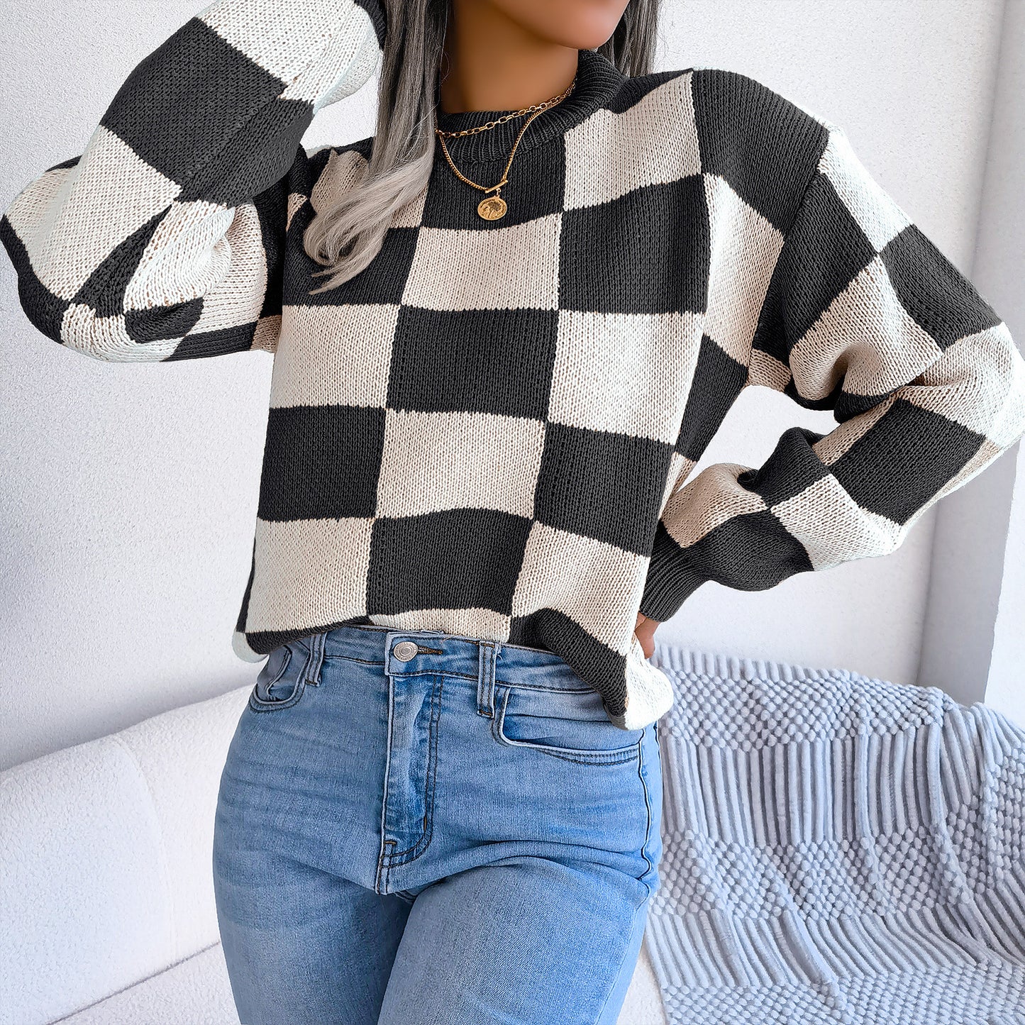 2025 Fall/Winter Colorblock Checkered Knit Sweater - Street Style
