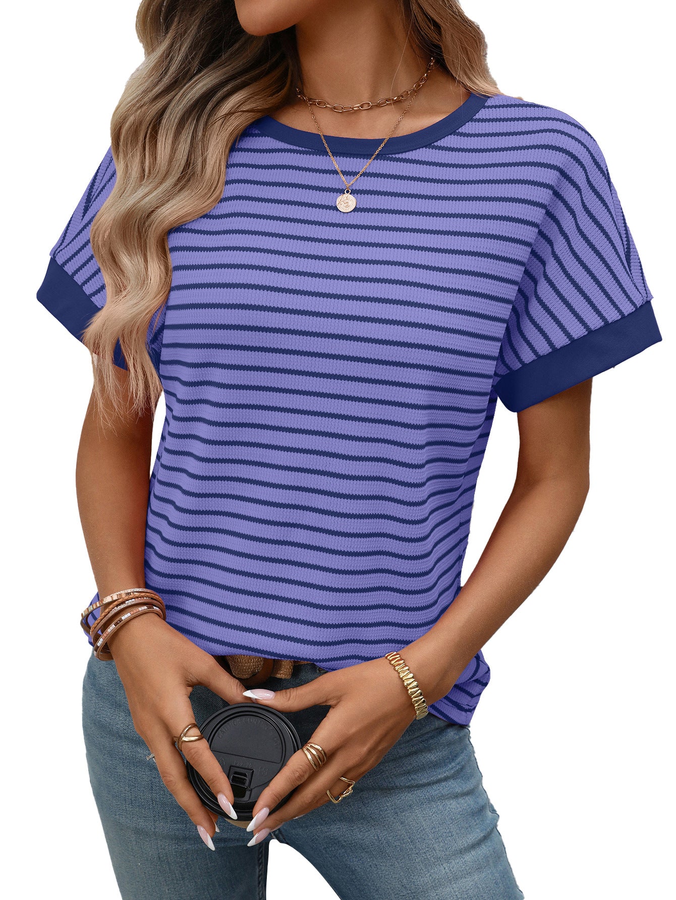 Striped Colorblock Short Sleeve Knit Tee for Women