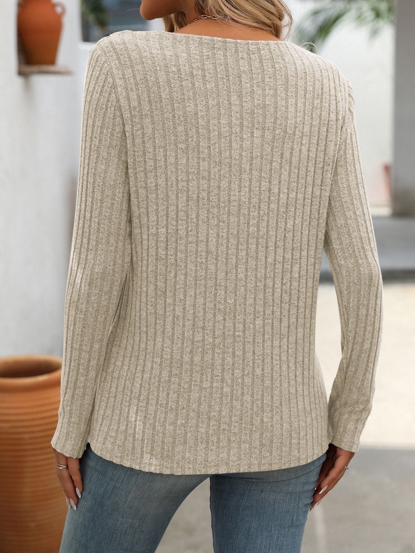 Ribbed V Neck Button Detail Long Sleeve Top