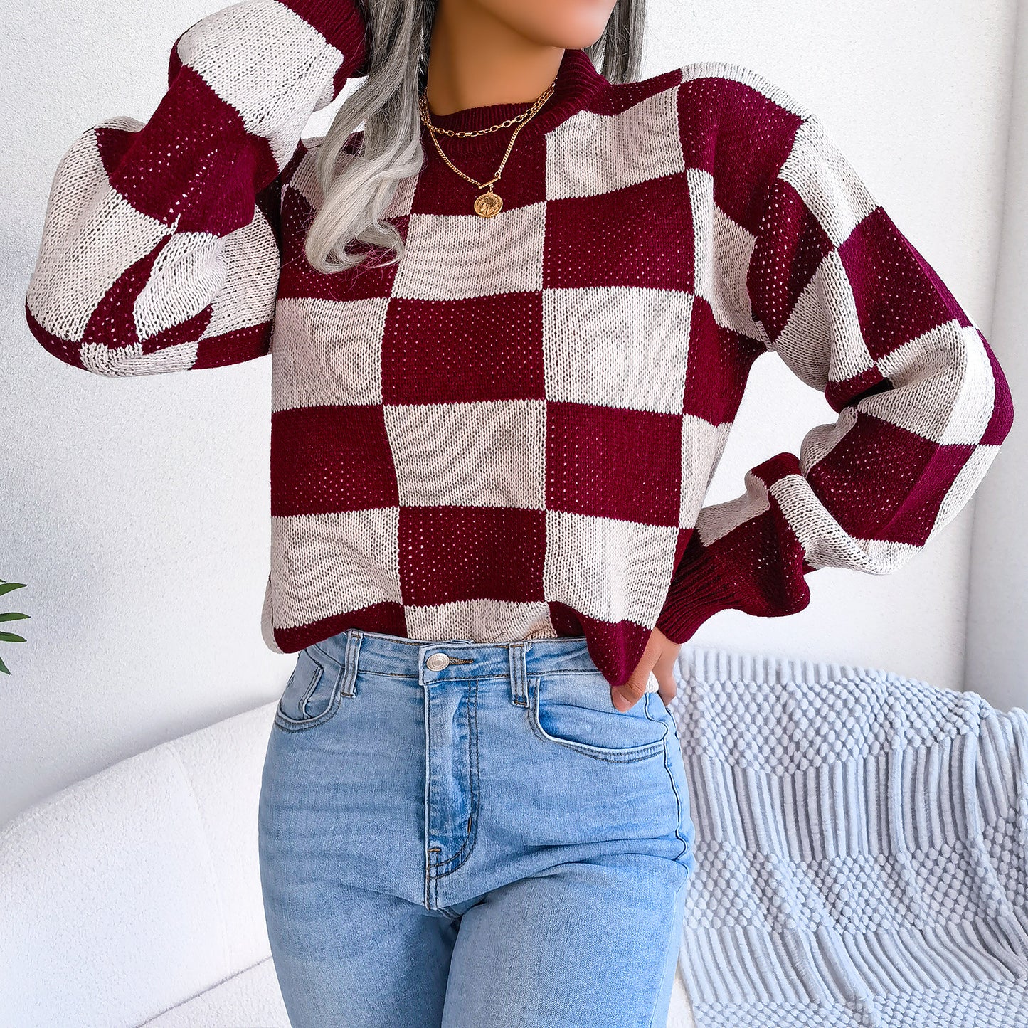 2025 Fall/Winter Colorblock Checkered Knit Sweater - Street Style