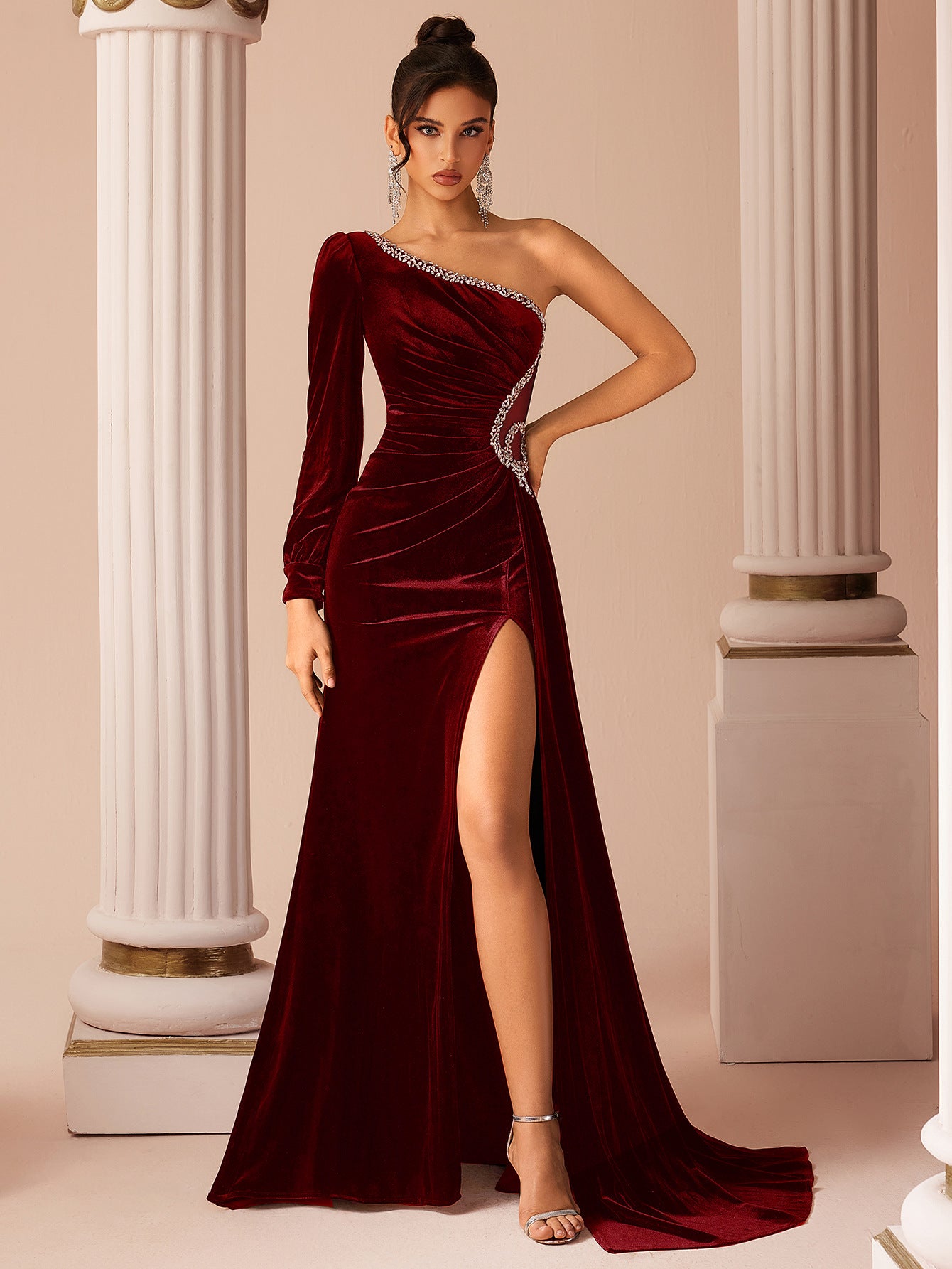 One Shoulder Velvet Rhinestone Slit Evening Gown