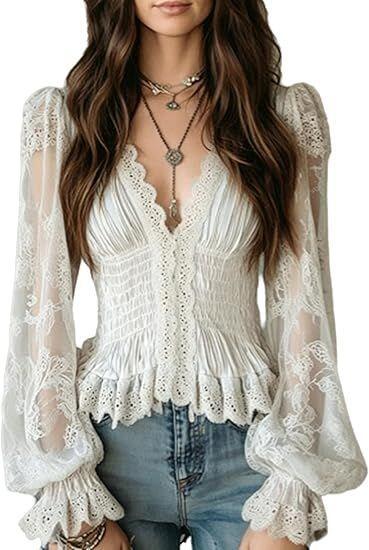 Women's Lace V Neck Smocked Puff Sleeve Peplum Top White