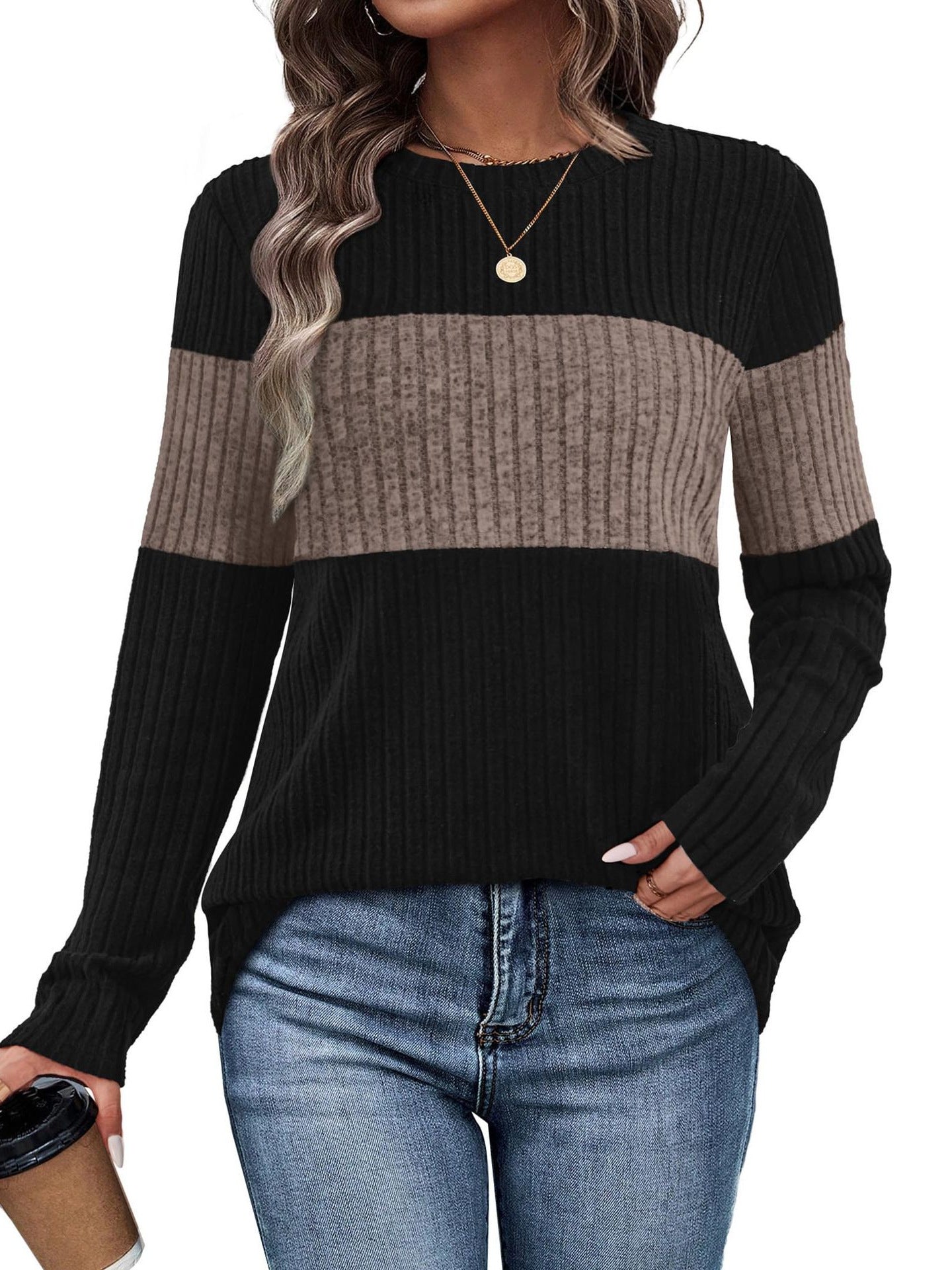 Women's Color Block Ribbed Knit Pullover Sweater