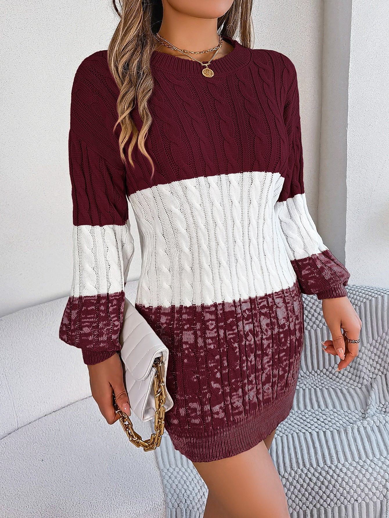 2025 Fall Winter Colorblock Cable Knit Lantern Sleeve Sweater Dress