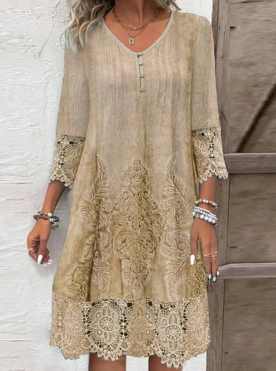 Women's Boho Lace V-Neck A-Line Midi Dress