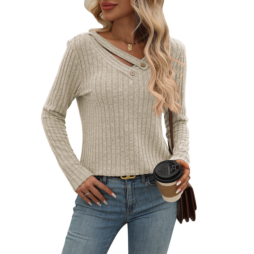 Ribbed V Neck Button Detail Long Sleeve Top