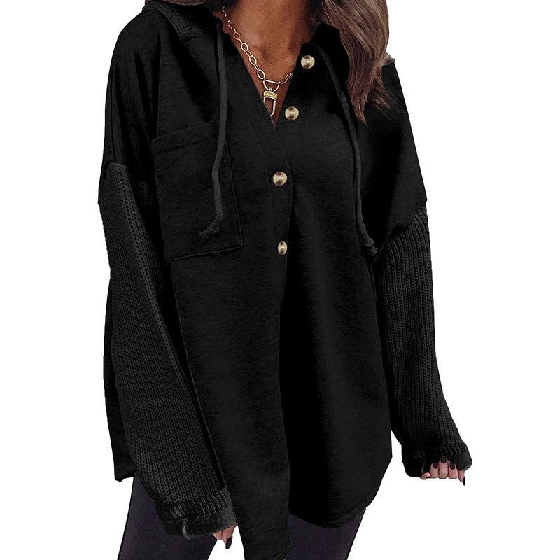 2025 Fall/Winter Colorblock Knit Sleeve Hoodie – Casual Button Down Top