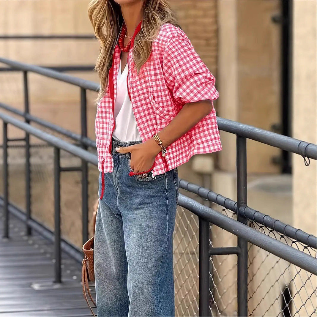 Women's Plaid Cropped Zip-Up Jacket Streetwear