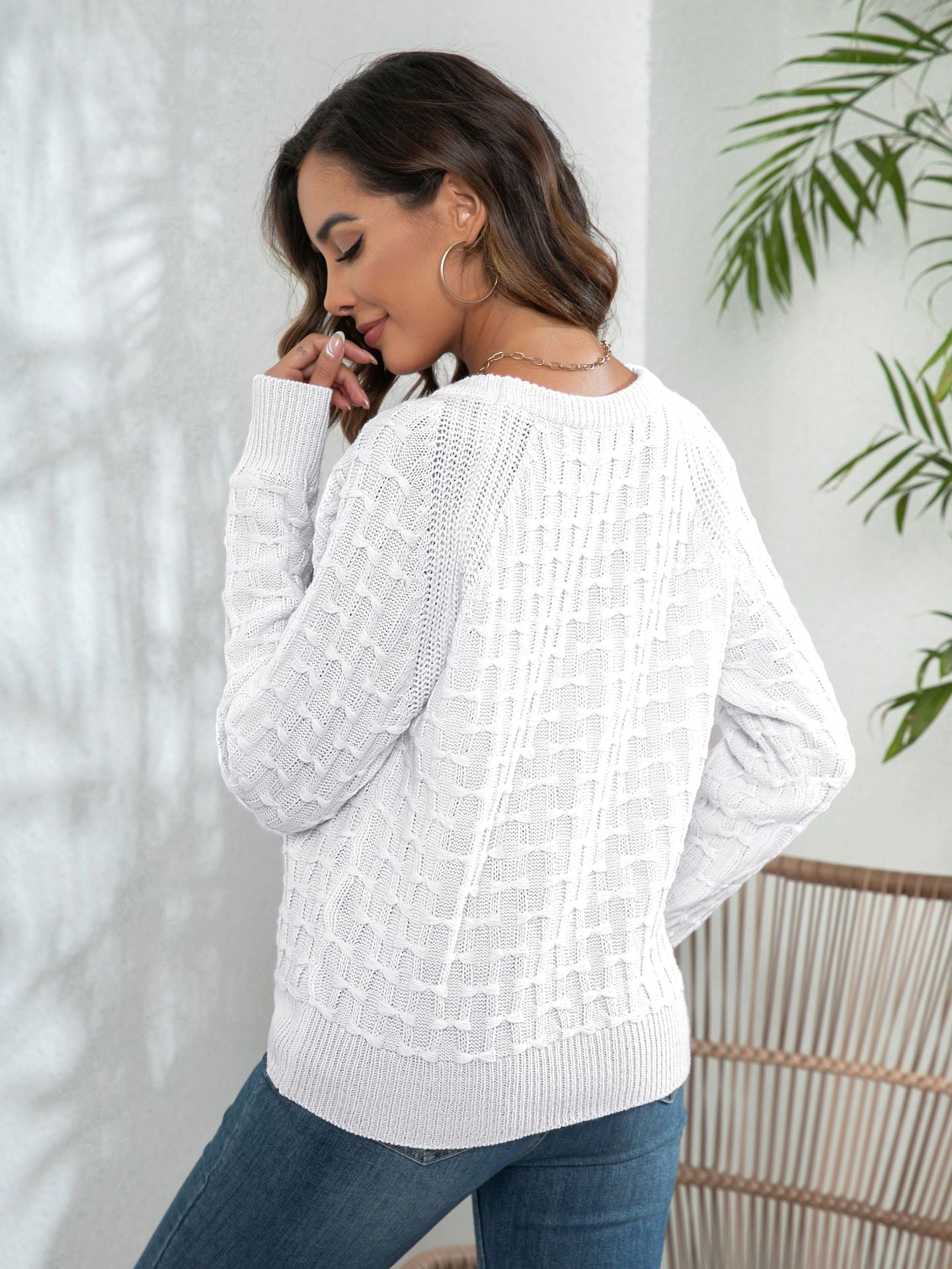 Women's Crewneck Button Detail Textured Knit Sweater