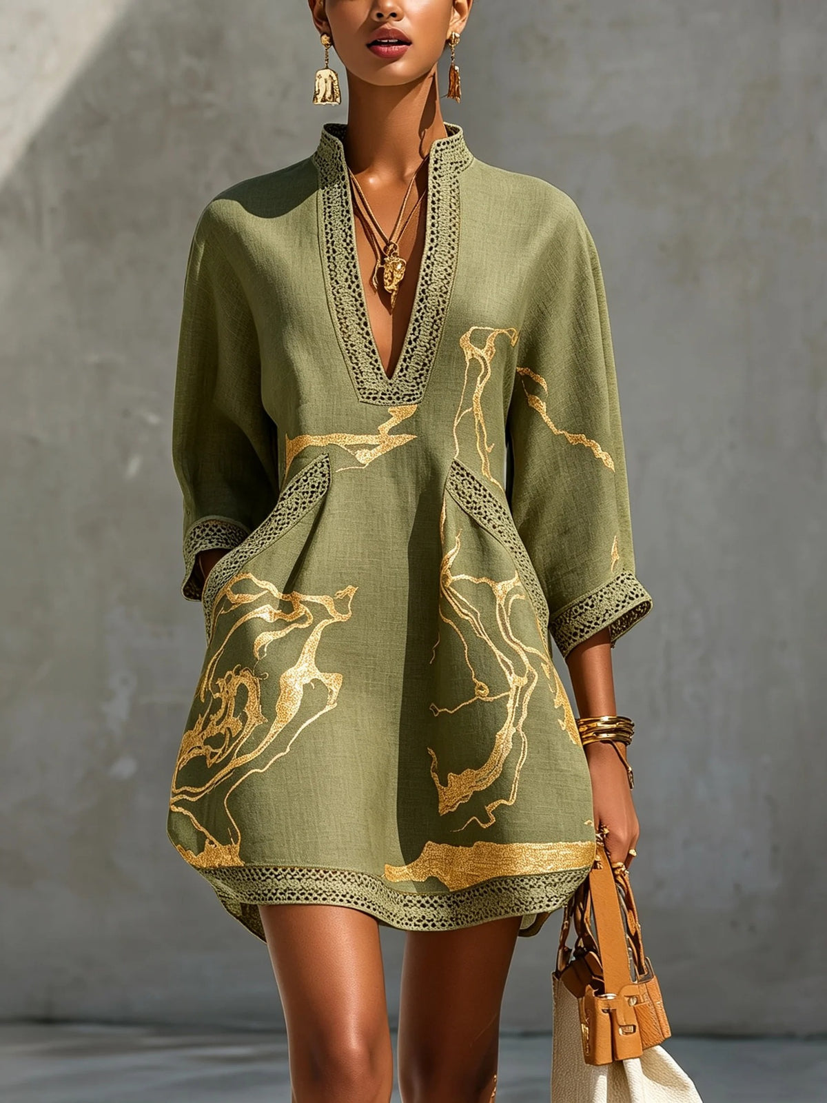 Boho V Neck Lace Trim Gold Abstract 3/4 Sleeve Mini Dress