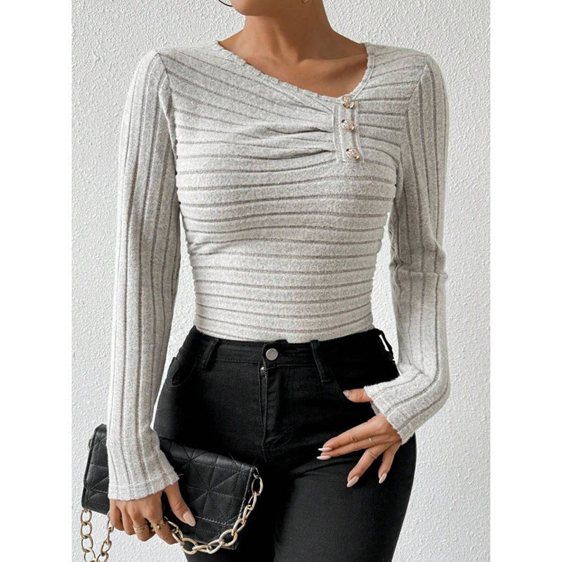 Ribbed Ruched Asymmetric Neck Button Long Sleeve Top