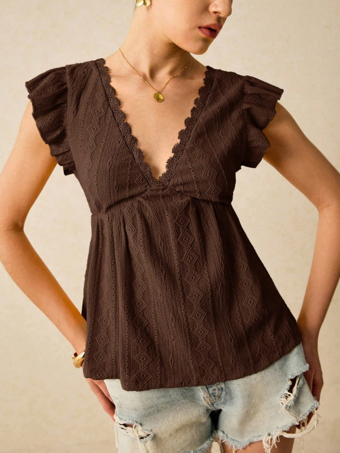 Eyelet Lace Flutter Sleeve V Neck Babydoll Blouse