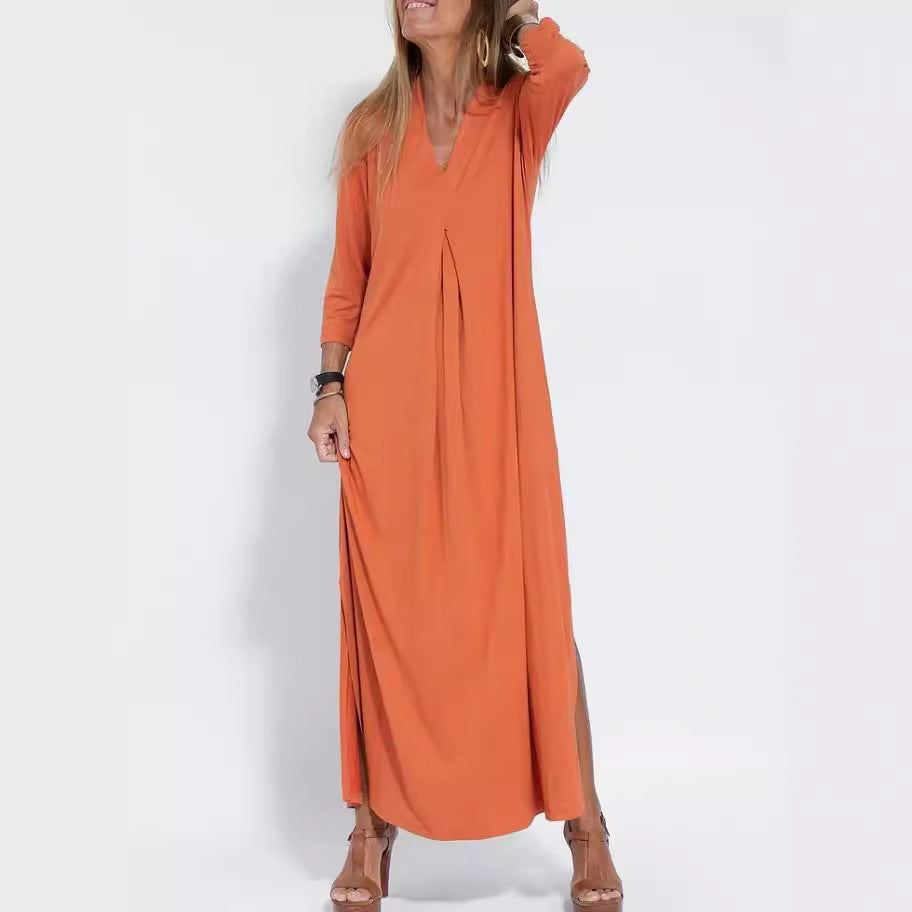 V-Neck 3/4 Sleeve Side Slit Maxi Dress