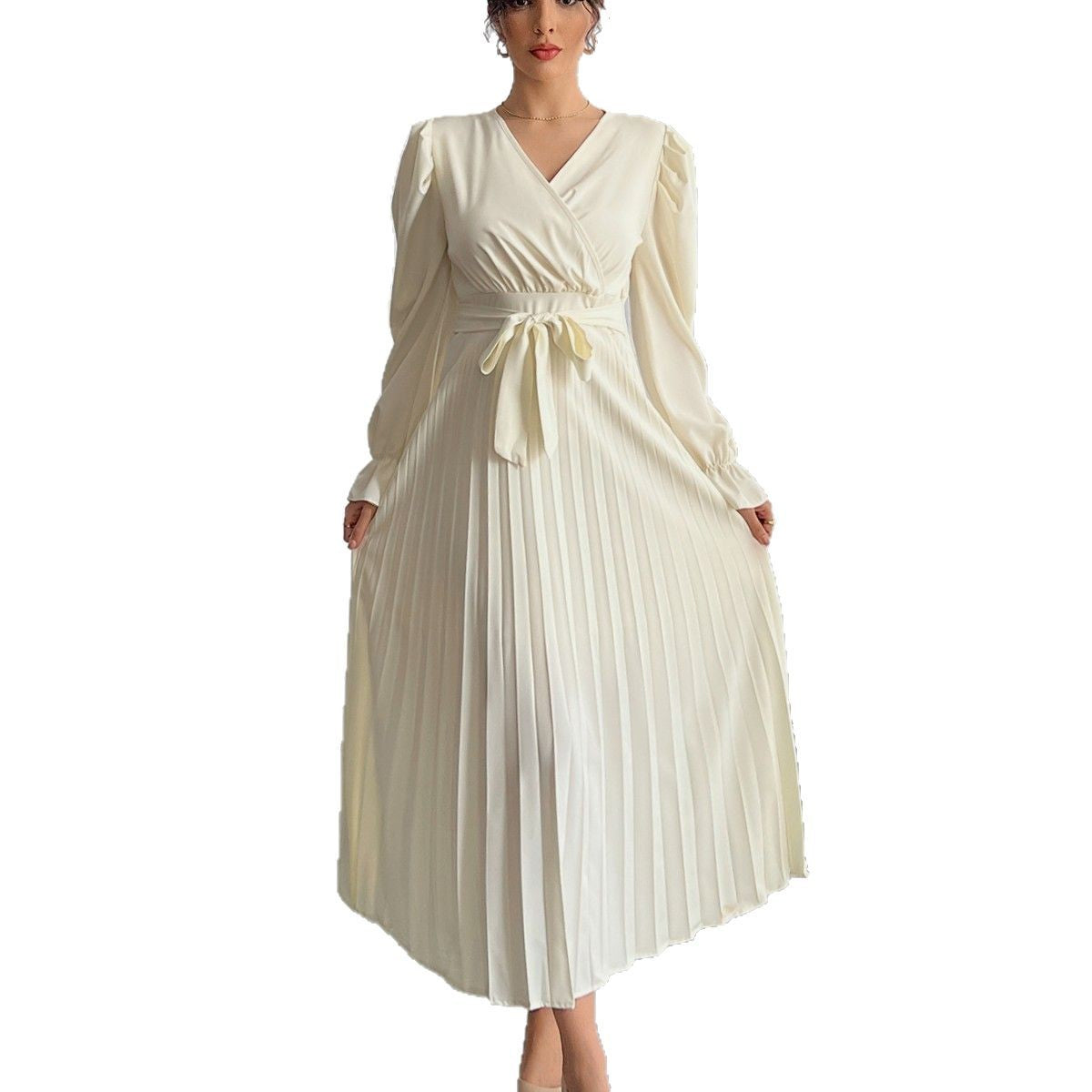 Satin Pleated Maxi Dress Wrap V-Neck Long Sleeve Tie Waist