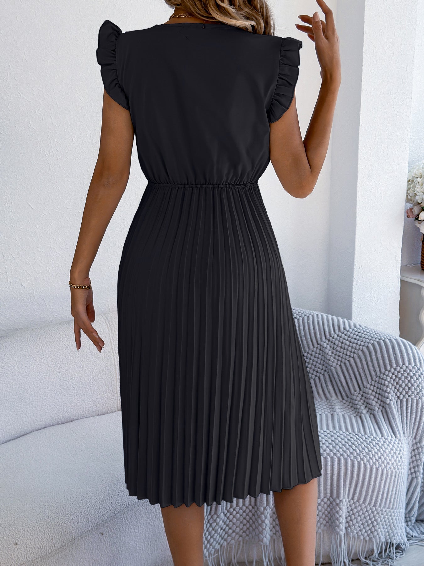 Lace V Neck Pleated Midi Dress with Ruffle Sleeves