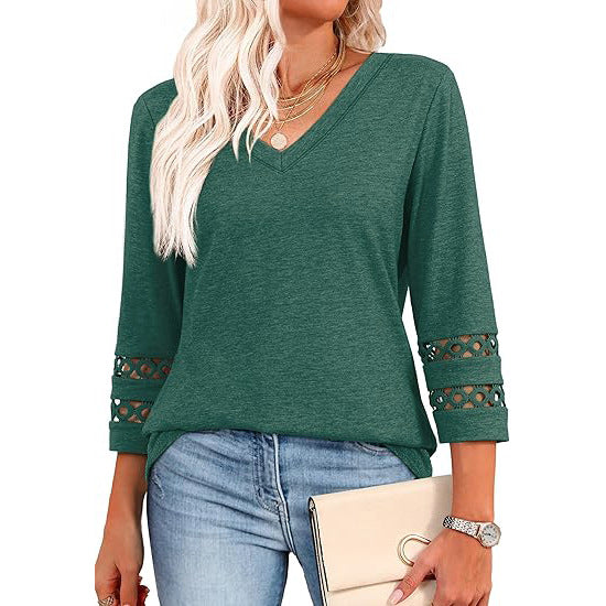White V-Neck Lace Sleeve Casual Knit Top for Women