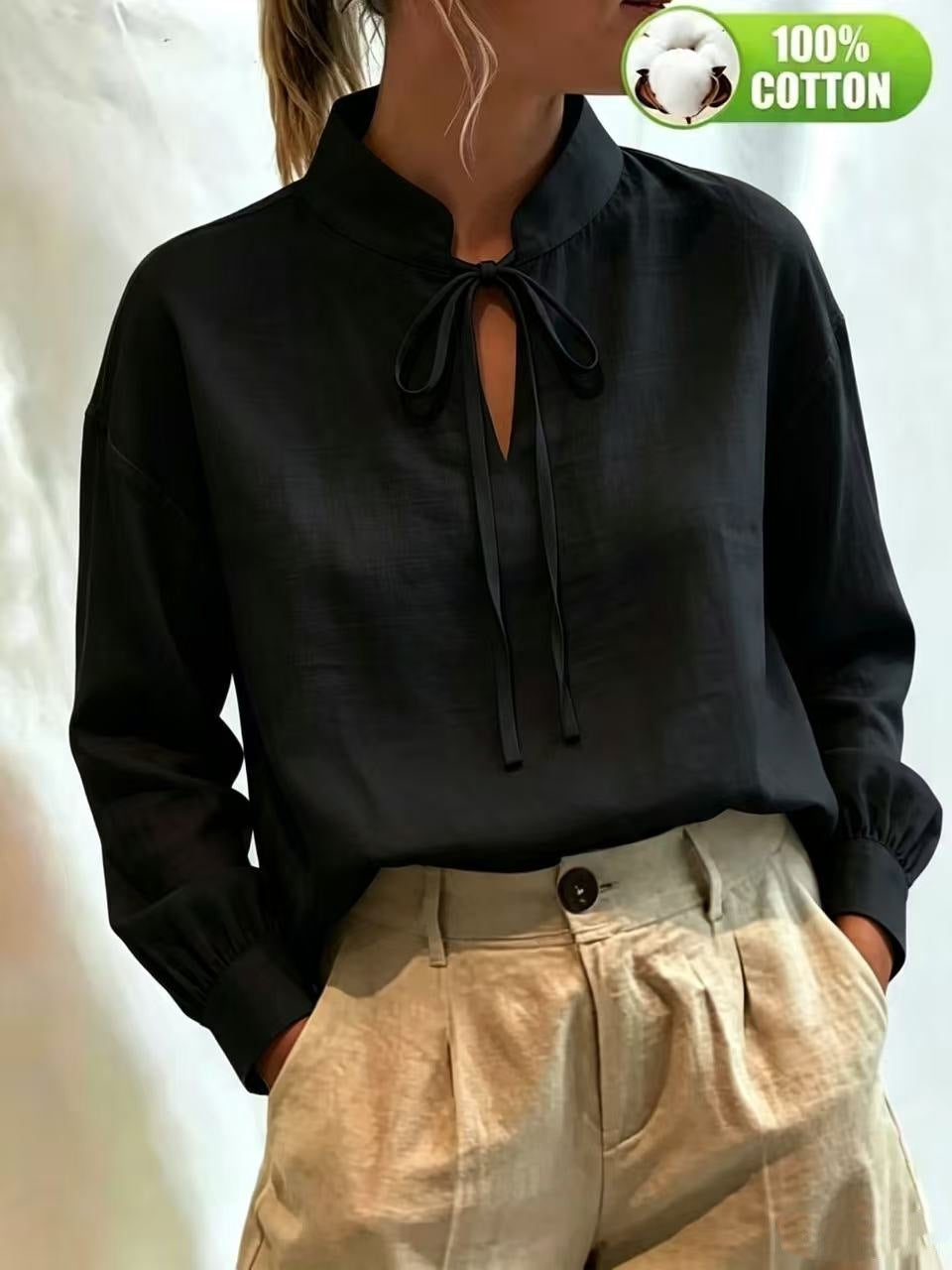 Women's Cotton Tie Neck Puff Sleeve Blouse