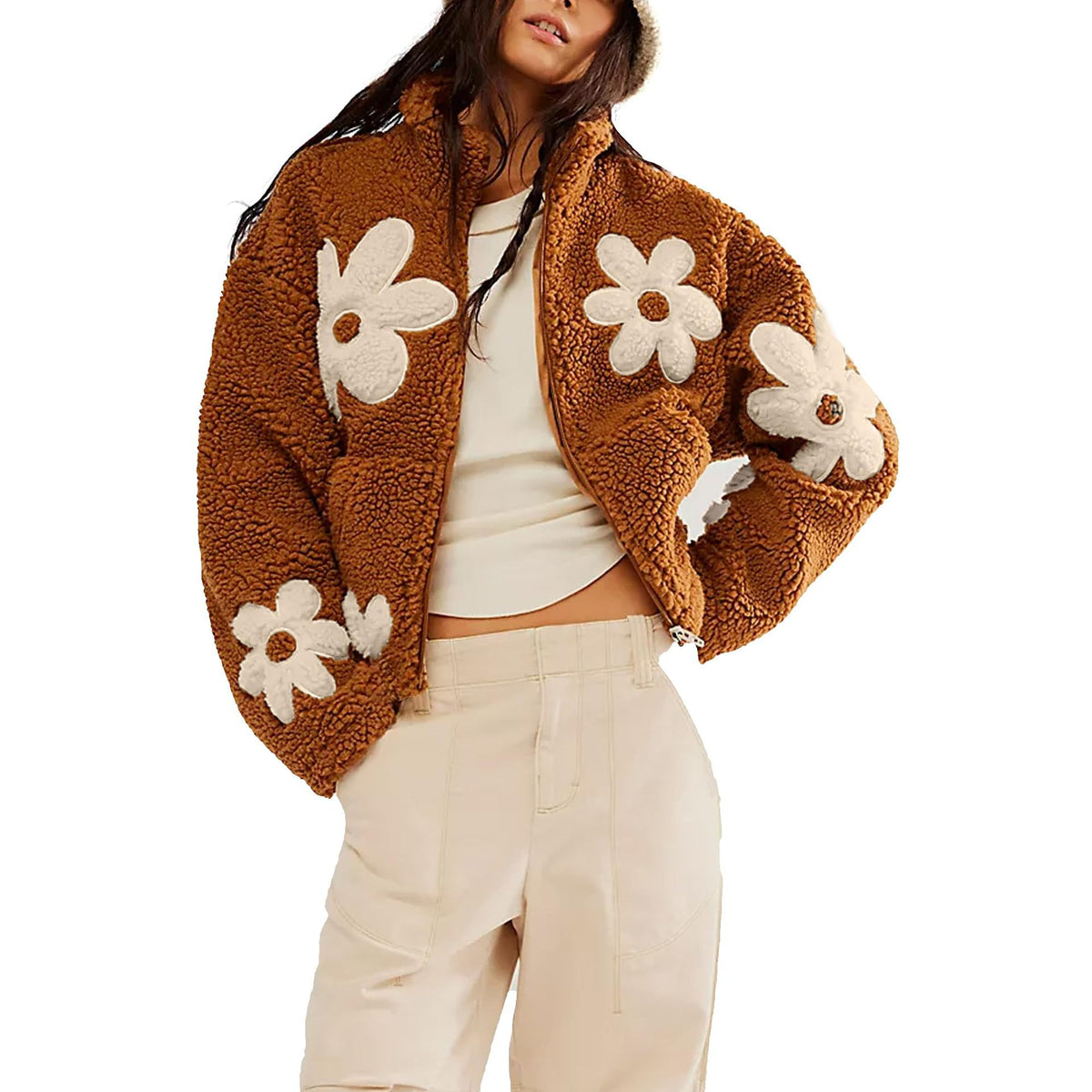 Oversized Floral Sherpa Zip-Up Fleece Jacket