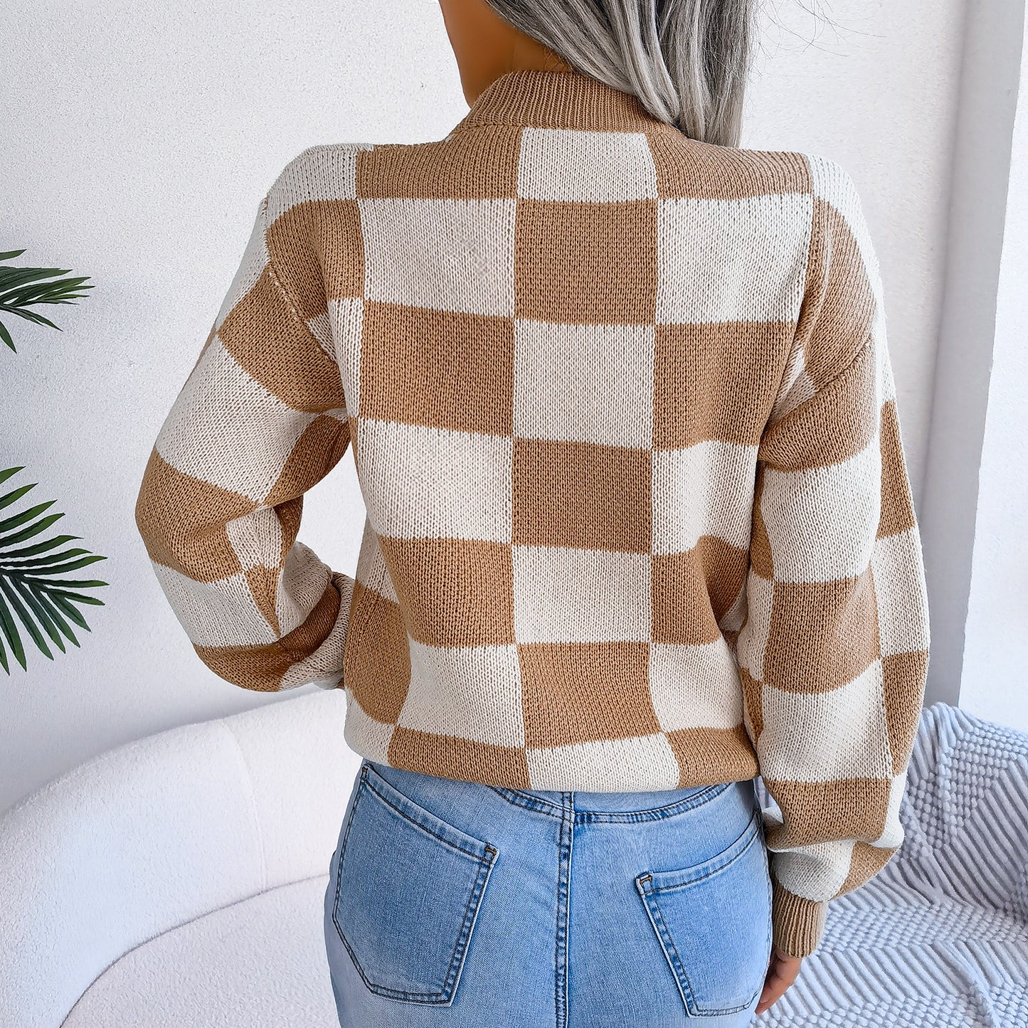 2025 Fall/Winter Colorblock Checkered Knit Sweater - Street Style