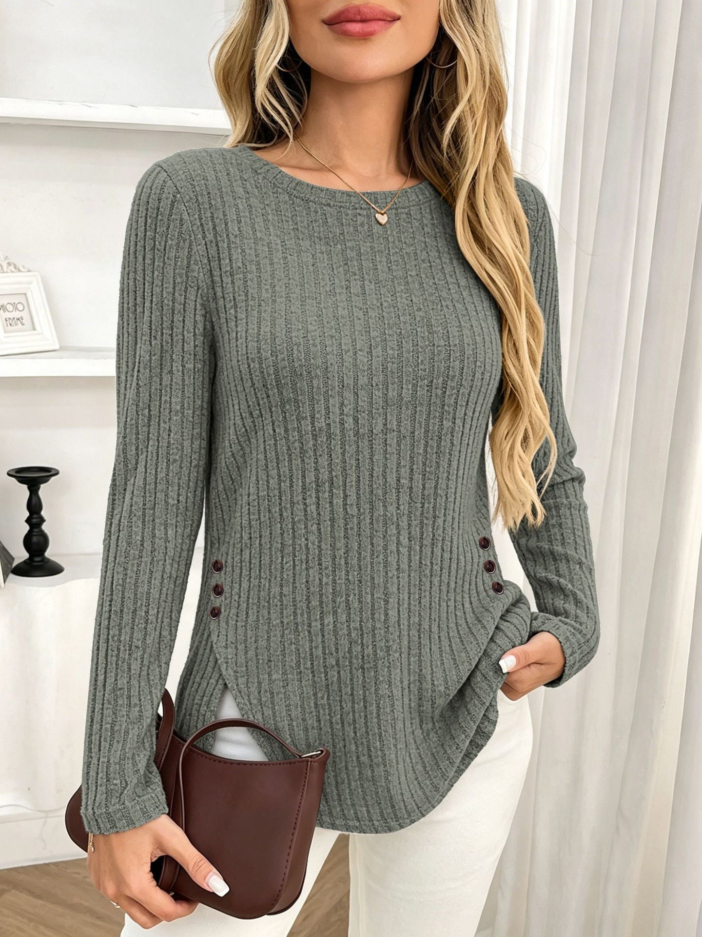 Ribbed Brushed Knit Button Side Long Sleeve Top