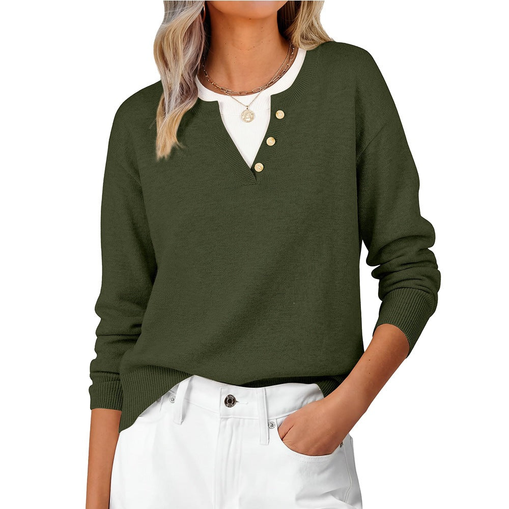 Women's Layered Henley Sweater Long Sleeve Knit Top