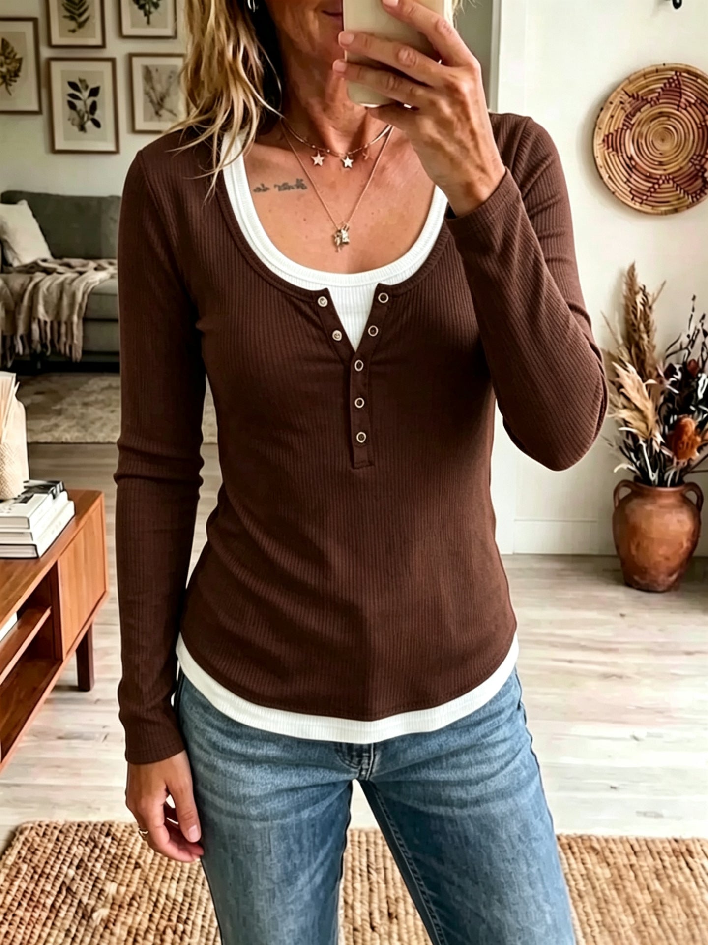 Contrast Layered Long Sleeve Top for Women
