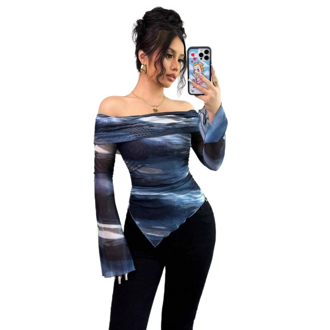 Off-Shoulder Mesh Knit Printed Slim Fit Long Sleeve Top
