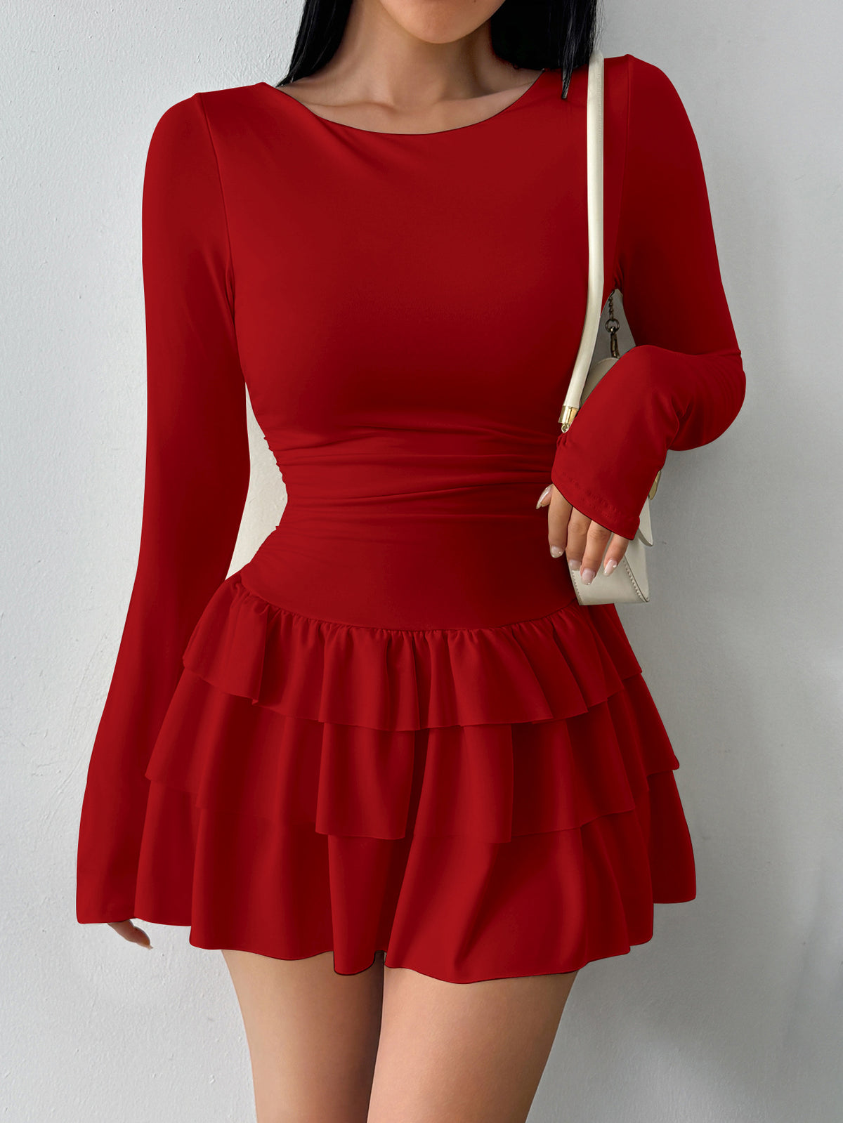 Women's Long Sleeve Bodycon Ruched Ruffle Mini Dress