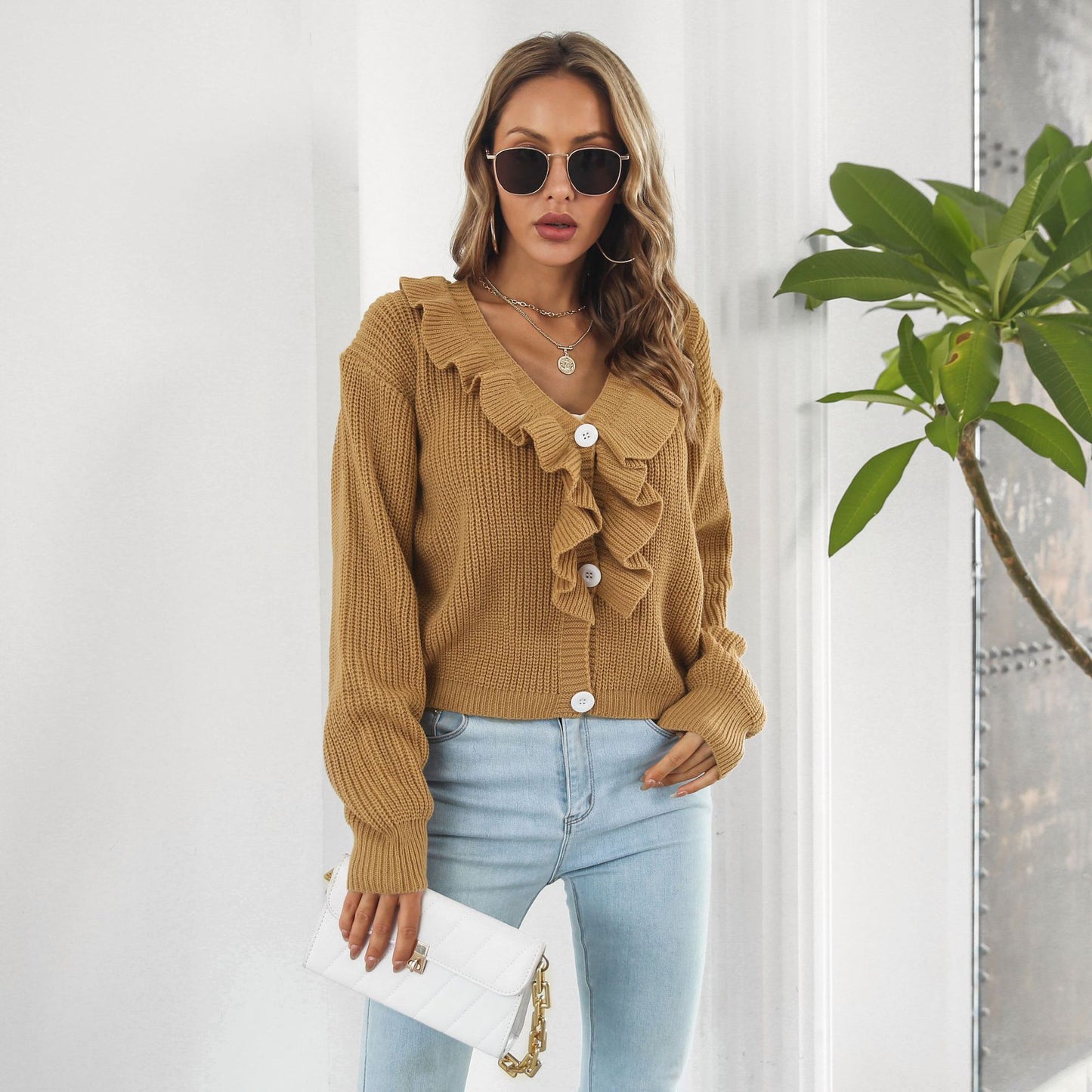 Women's Ruffle V-Neck Cropped Cardigan