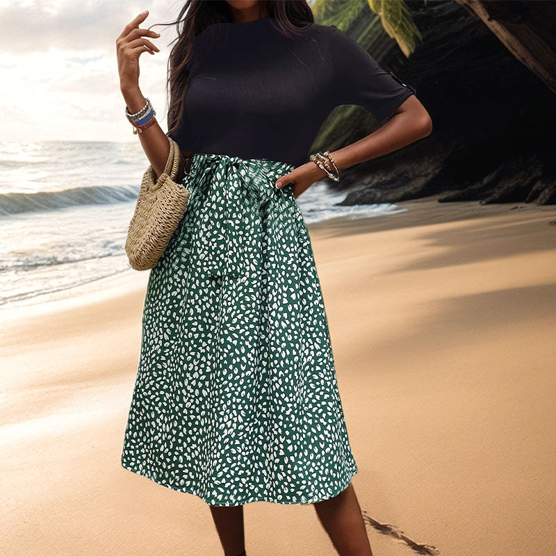 Color Block Leopard Print A-Line Midi Dress with Belt