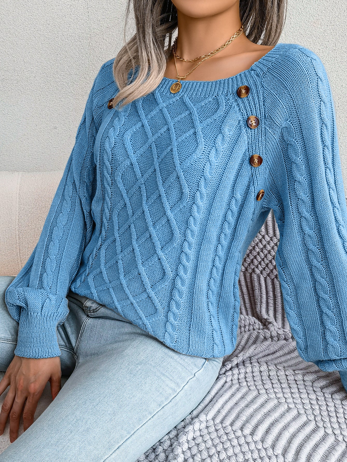 2025 Fall Winter Casual Square Neck Button Detail Cable Knit Sweater