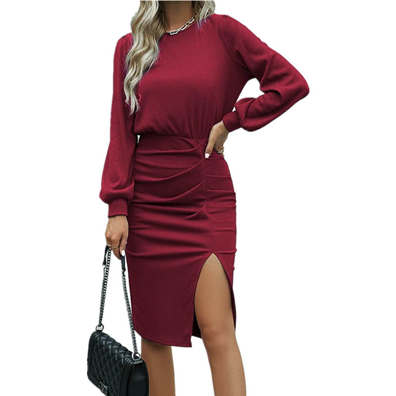 Women's Ribbed Ruched Balloon Sleeve Slit Midi Dress