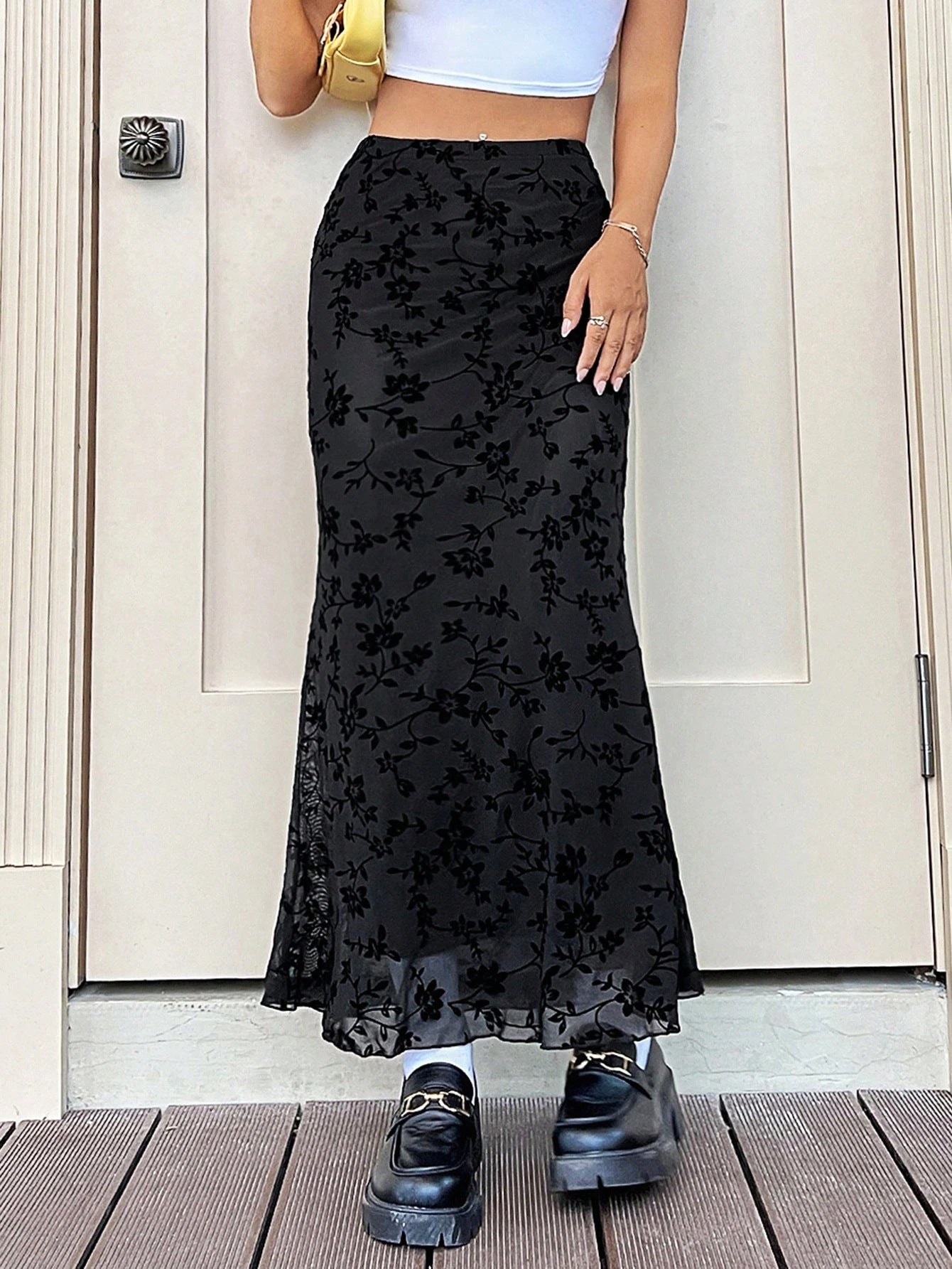 Green Floral Fishtail Midi Skirt for Women
