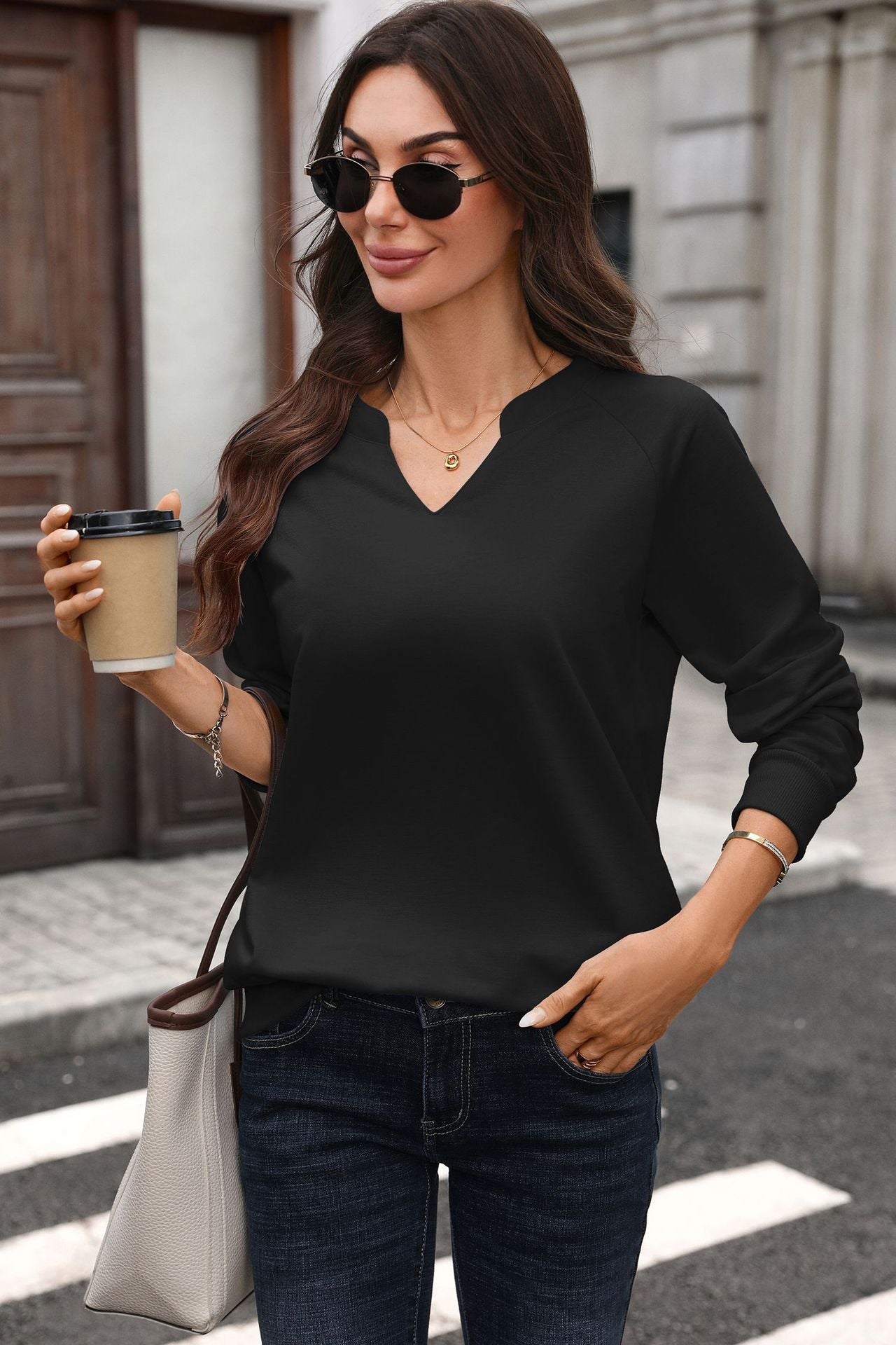 Solid V Neck Sweatshirt Oversized Ribbed Pullover