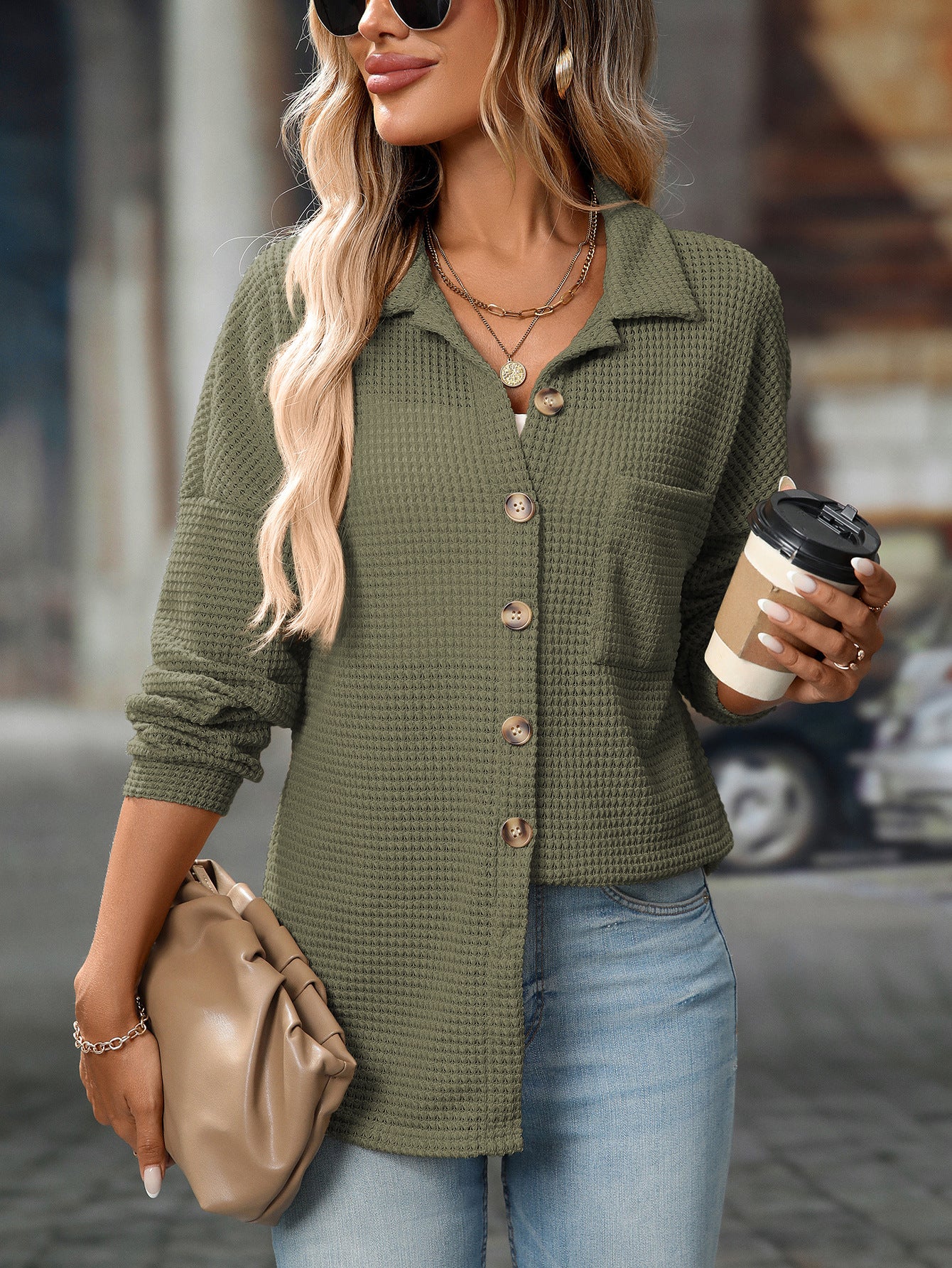 2025 Fall/Winter Casual Waffle Knit Shirt – Loose Fit Commuter Top