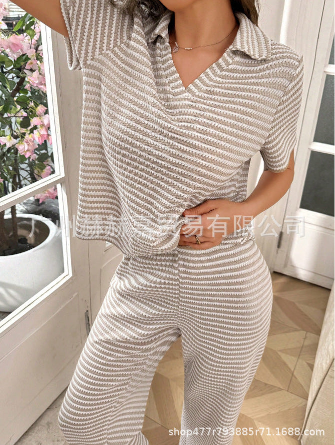Women's Striped Knit Lounge Set V-Neck Top & Pants