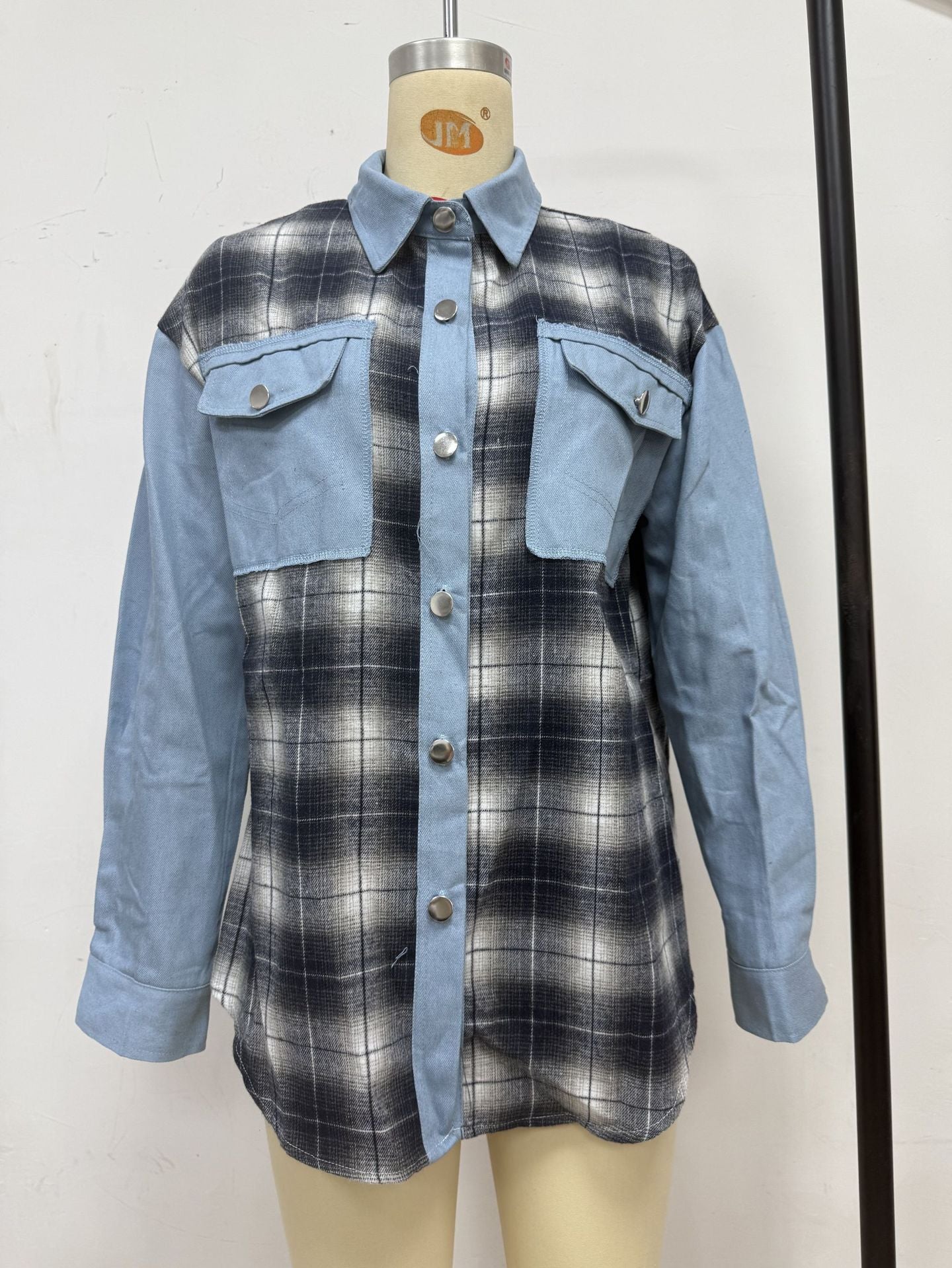 Women's Oversized Plaid Color Block Shacket Jacket