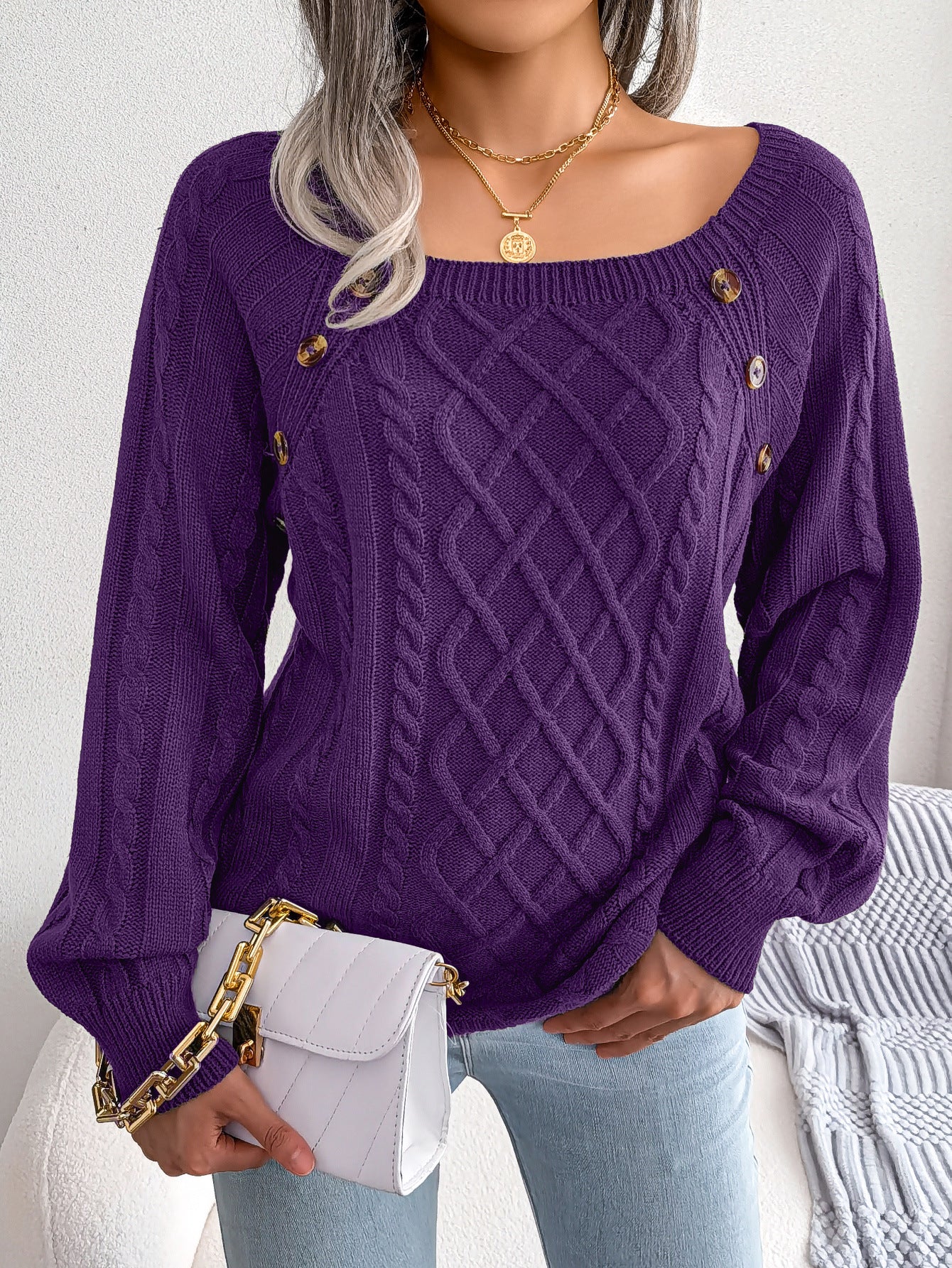 2025 Fall Winter Casual Square Neck Button Detail Cable Knit Sweater