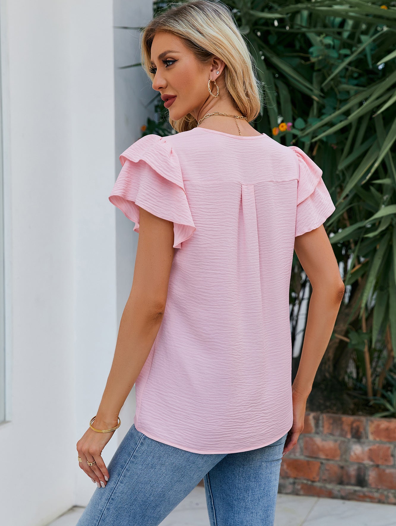 Women’s Short Sleeve Ruffle V Neck Summer Top