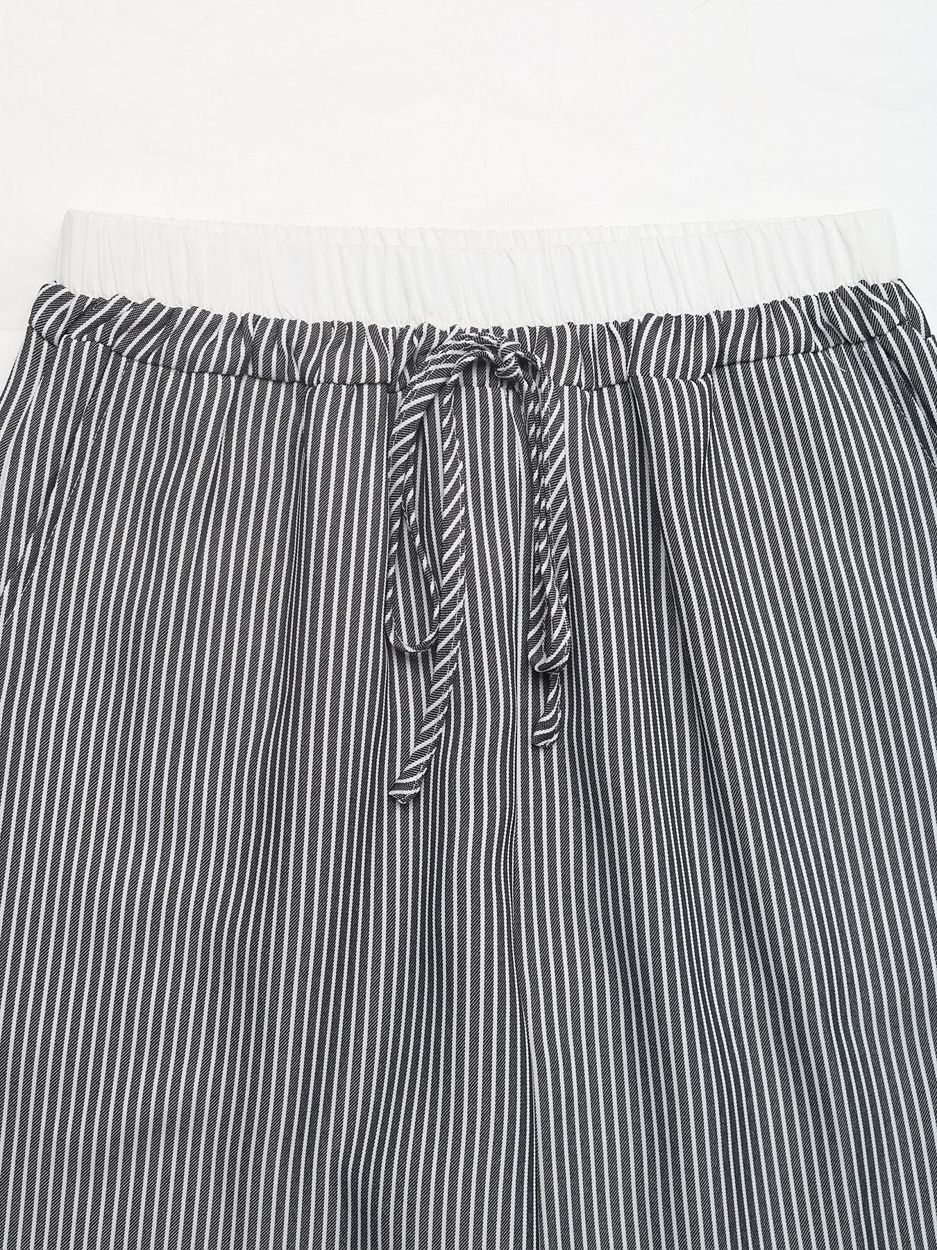 Striped Lace Trim Drawstring Wide Leg Pants
