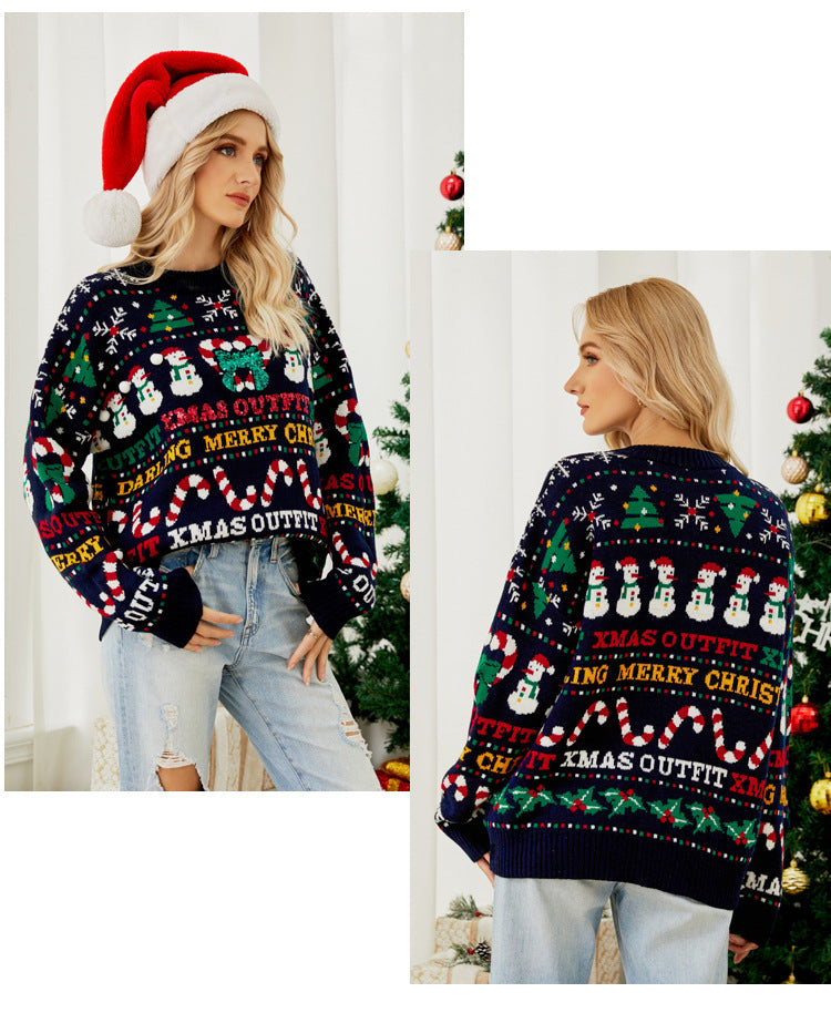 Christmas Snowman Sequin Knit Sweater Women Pullover Top