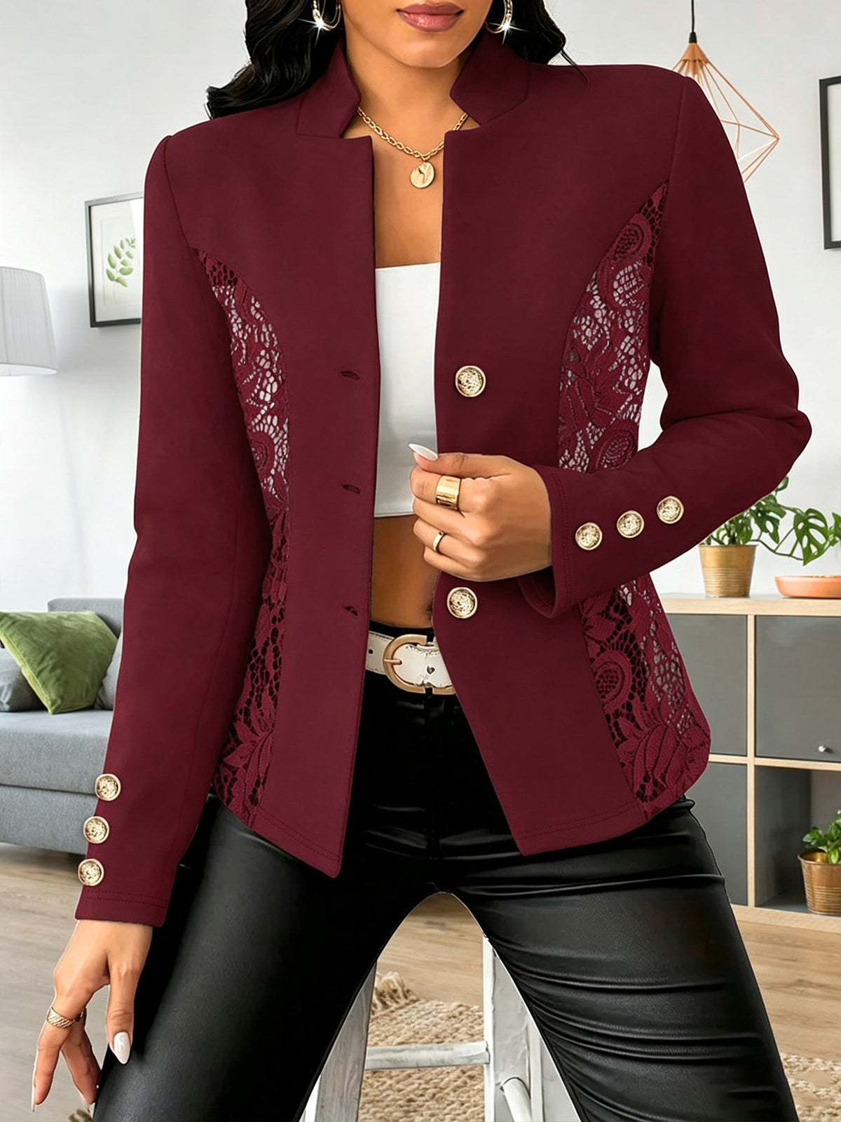 Women's Lace Panel Gold Button Fitted Blazer