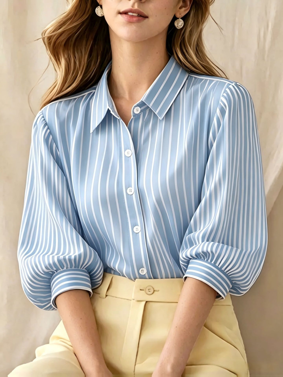 Striped Puff Sleeve Collared Workwear Blouse