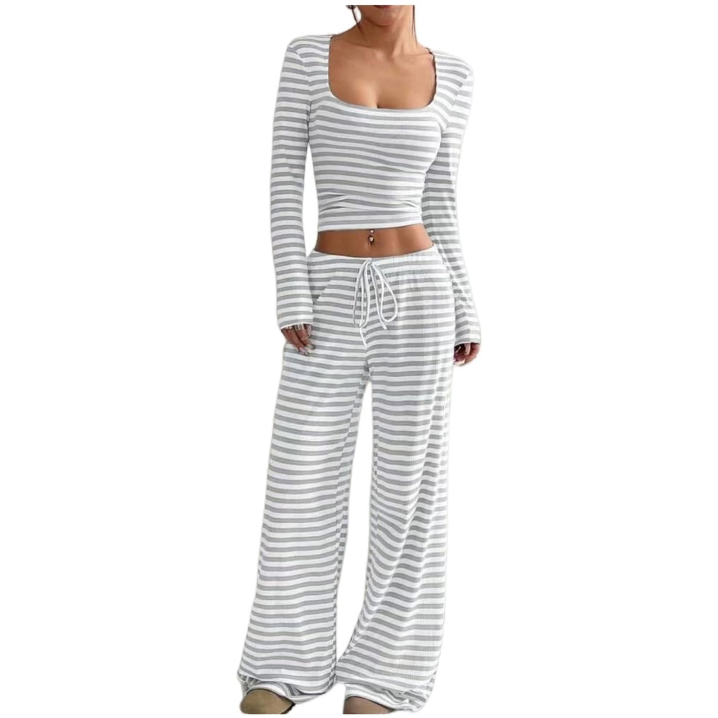 Striped Polyester T-Shirt & High-Waist Wide Leg Pants Set