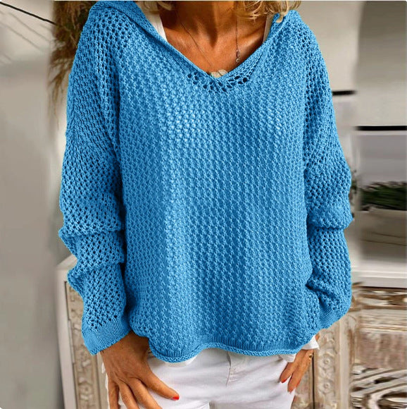 Oversized Hooded Open Knit Sweater V-Neck Pullover