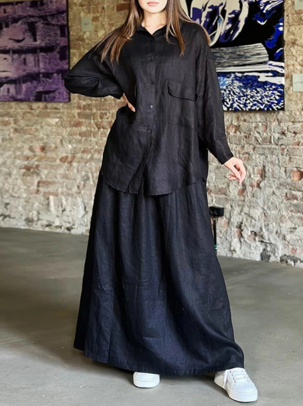 Plus Size Cotton Linen Button Shirt Long Skirt Set