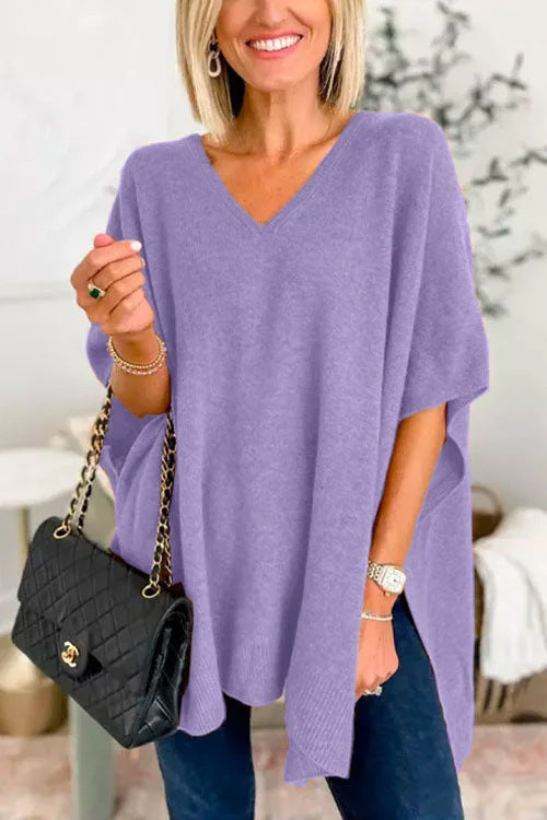 Women's Oversized V-Neck Batwing Sleeve Knit Poncho Sweater