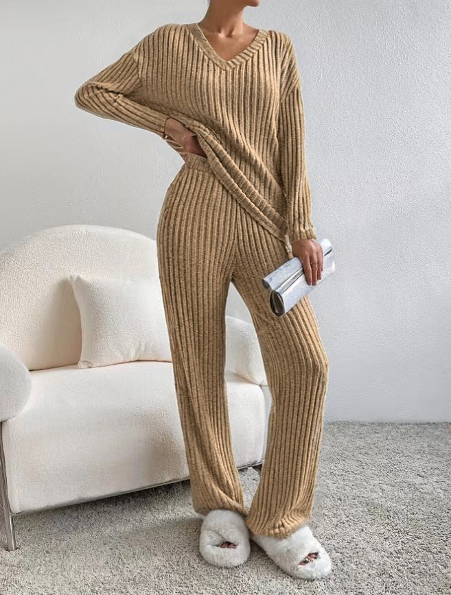 Women's 2 Piece Ribbed Knit V Neck Wide Leg Pants Set